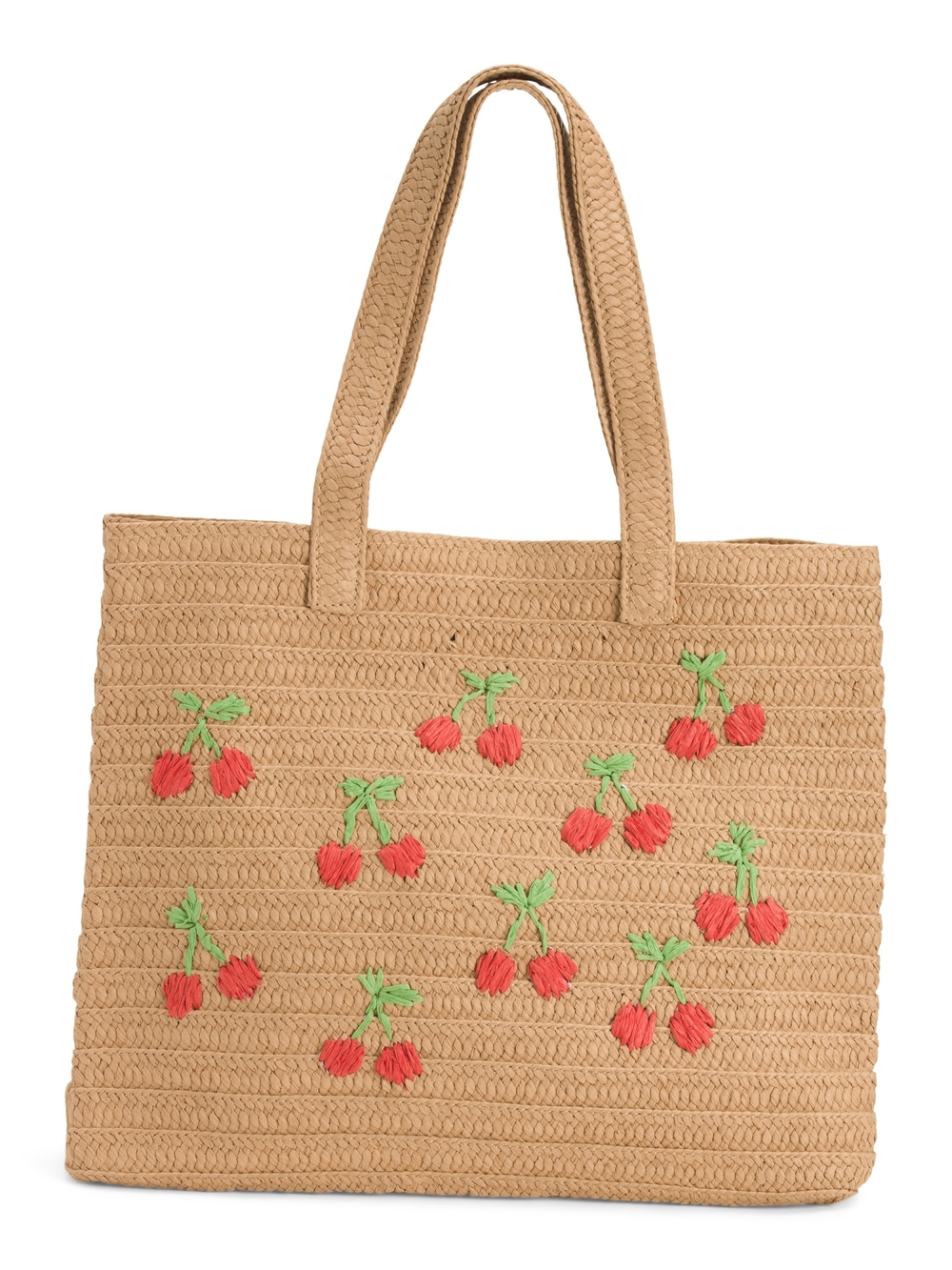 Urban Expressions Tan Woven Tote with Red Cherry Embroidery